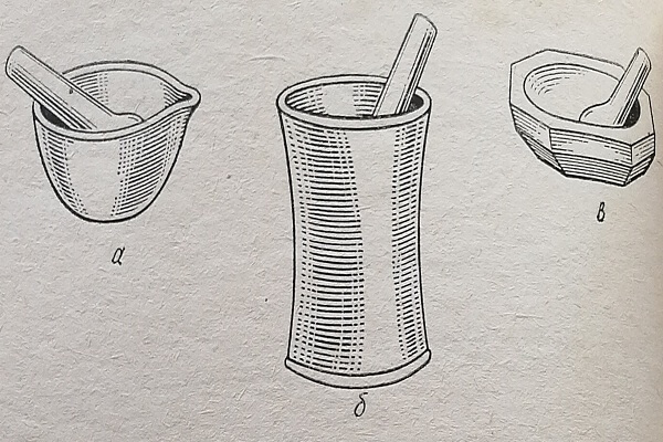 Ступки: а – фарфоровая; б – медная; в – агатовая